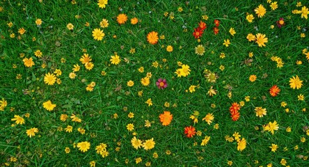 Fototapeta premium Bright flowers blooming vibrantly across lush green lawn on a warm summer day with copy space for text