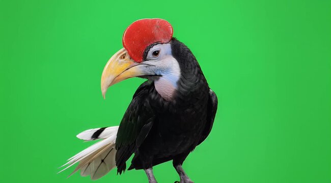 Colorful hornbill perched against a vibrant green studio backdrop.