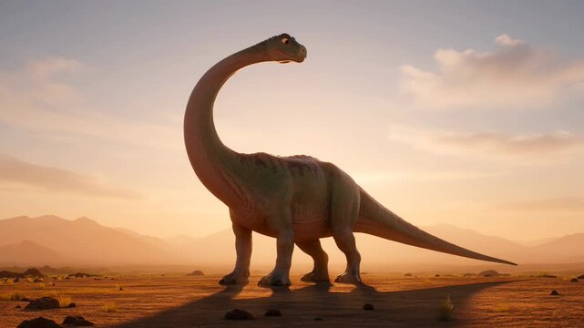 Animated apatosaurus roaming in desert landscape at sunset with cartoon style dinosaurs and prehistoric adventure on the sandy terrain