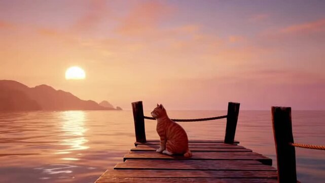 Cat on dock observing sunset over calm ocean landscape scenery