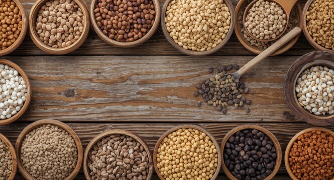 Different pelleted compound feeds arranged on a wood table with bowls and spoons including copy space