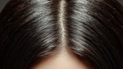 光沢のある黒髪の分け目のアップ。ヘアケアや美容関連の素材向けの頭皮と髪の毛のクローズアップ写真。