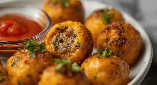 Cheddar cheese and cilantro sausage bites plated with dipping sauce in a detailed close up on table