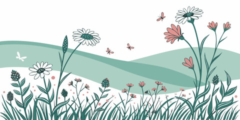 A serene landscape with wildflowers and a gentle breeze Vector © zon