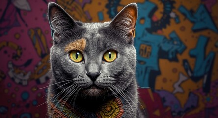 Fototapeta premium Pop art inspired cat image using eclectic patterns and vivid contrasts