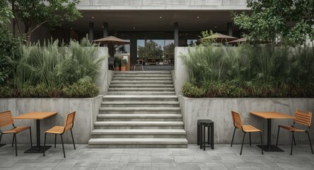 Fototapeta premium Contemporary garden stairs and concrete facade at outdoor cafe spot