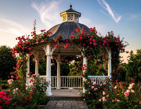 Rose-covered gazebo at sunset with a grey roof and stone path leading to the entrance