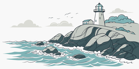 A solitary lighthouse stands tall on a rocky cliff, guiding ships through stormy seas. Vector © zon