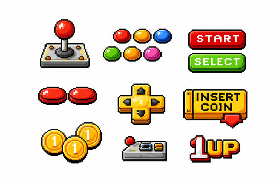 Pixel art gaming icons: joystick, buttons, insert coin, 1up