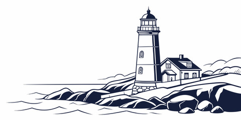 A majestic lighthouse stands tall on a rocky coastline, guiding ships through stormy seas. Vector © zon