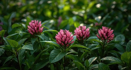 Fototapeta premium Beautiful pink pentas flowers thriving among thick green foliage illustrating serene garden beauty