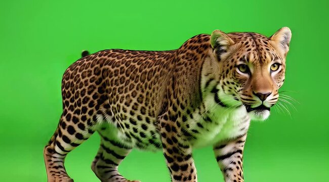 Leopard Standing in Bright Green Studio Background with Alert, Graceful Stance.