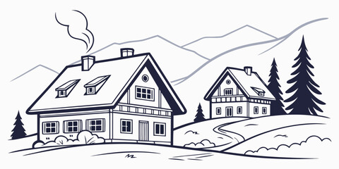 Obraz premium A picturesque winter scene featuring a charming house with a sloped roof and a cozy cabin nearby Vector