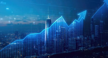 Naklejka premium Financial volume graph hologram combined with skyscraper city business theme