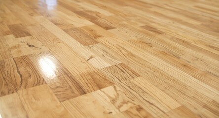 Detailed hardwood basketball court floor close up showcasing natural maple wood grain