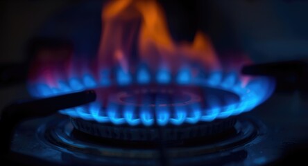 Focused capture of blue flames on gas stove representing energy use