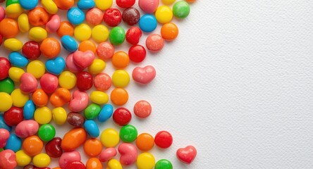 Obraz premium Collection of multicolored candies on a white textured surface emphasizing vivid colors and fun shapes for marketing