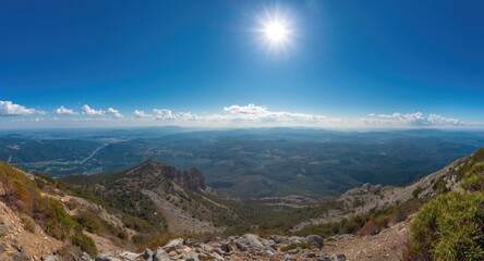 Fototapeta premium Panoramic view from a mountain summit under clear sky