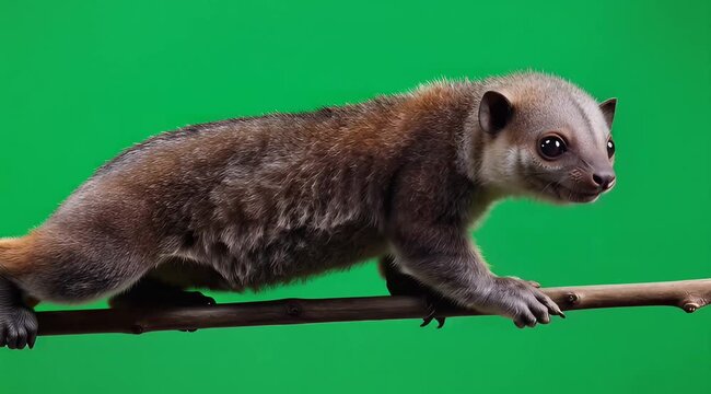 Curious small brown furred mammal perched along a vivid green studio backdrop.