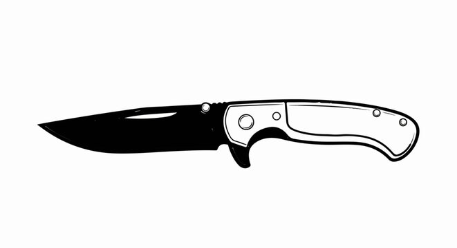 Black and white illustration of a folding knife with a black blade and light handle