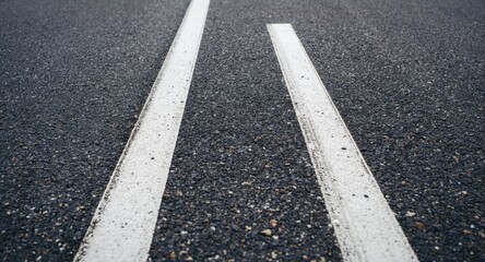Close up view of two bright white lines on a newly paved asphalt road