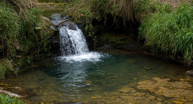 A natural spring offering pure drinking water to quench thirst on a journey with copy space background