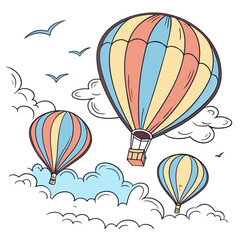 Obraz premium Colorful hot air balloons floating over a picturesque landscape with birds Vector