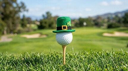 Golf ball with green hat on tee in sunlight, Happy St. Patrick's Day