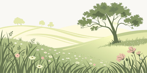 Obraz premium A serene landscape featuring a solitary tree on a grassy hillside Vector