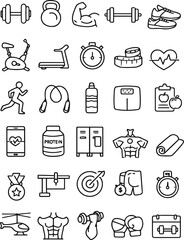 Workout and Fitness Training Line Icon Collection. Linear icon collection. Editable stroke. Vector illustration