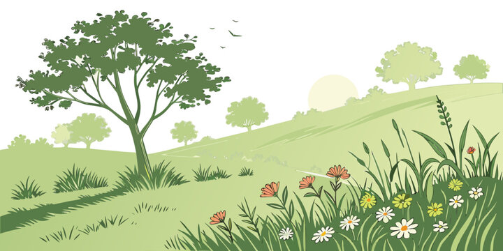 A serene landscape with a single tree on a rolling green hillside Vector