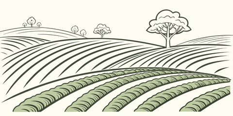 A serene landscape with a solitary tree on a hill overlooking vast farmland Vector © zon