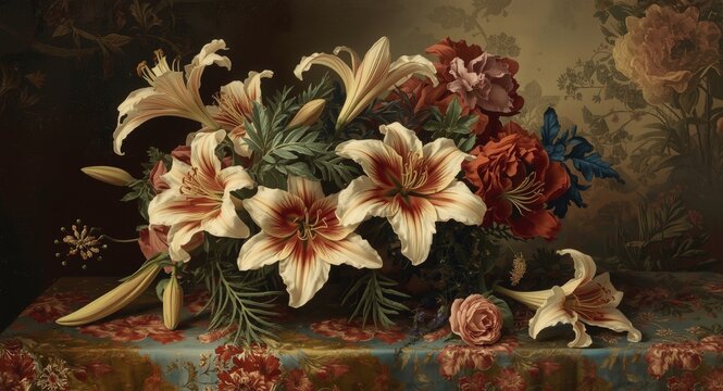 Detailed vintage still life painting of daylilies on a richly patterned dark textured background