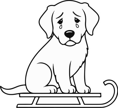 A sad, teary-eyed puppy sits dejectedly on a simple wooden sled