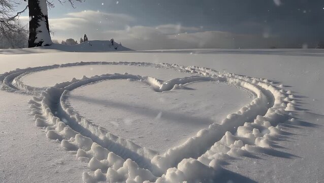 An impression left in the snow by vehicle tires forming the distinct outline of a symbolic heart shape