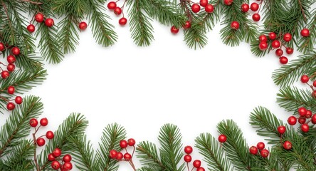 Clean Christmas composition with a frame of fir branches and berries from above