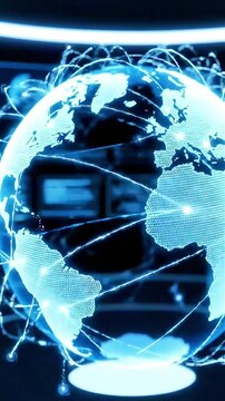 Futuristic digital globe displaying Africa s map symbolizing global connectivity technology data visualization and international business with a cool blue aesthetic