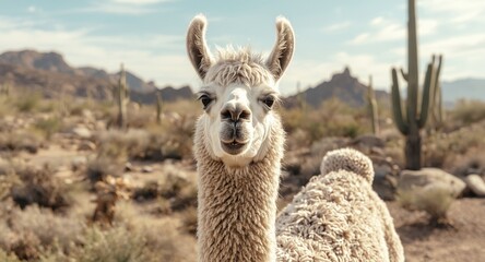 Fototapeta premium Desert scene with a smiling llama and cactus plants in a coloring book style