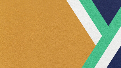 Fototapeta premium Mustard textured paper background with white, emerald green, blue geometric lines, copy space for banner presentation