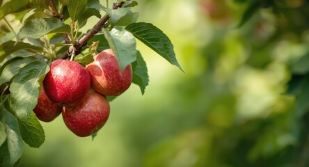 Obraz premium Close up of apples on tree with green leaves and copy space for text