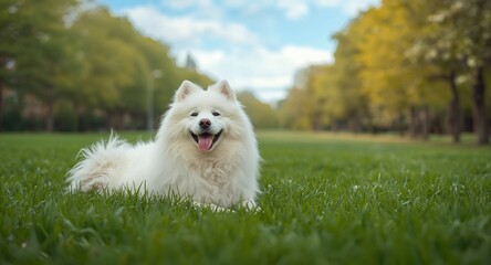 Relaxed Samoyed dog pet resting on thick green grass lawn full length summer day