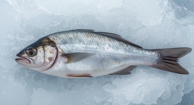 Chilled Pomatomus saltatrix bluefish on ice bed showing copy space for graphics