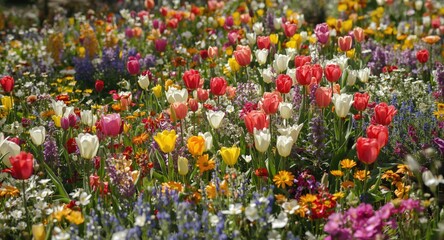 Naklejka premium A lively spring meadow bursting with colorful tulips and diverse blooming flowers under bright sunlight