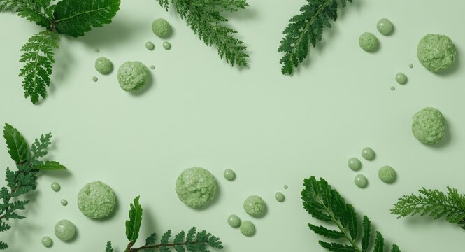 Cosmetic molecular ingredients with green bubbles and natural leaves on a muted mint background emphasizing skincare