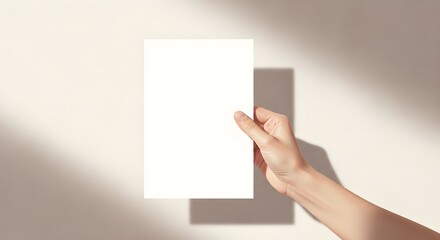 Fototapeta premium Hand holding blank white card on beige background with sunlight