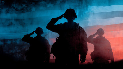 SIlhouette of american patriot soldiers saluting the US flag in the background, tribute to killed soldiers, army and military honor and pride, memorial day or veterans day celebration
