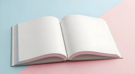 Fototapeta premium Open blank book on pink and blue background, empty pages, reading concept