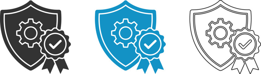 Obraz premium Shield icons with gear and checkmark in black, blue and gray line