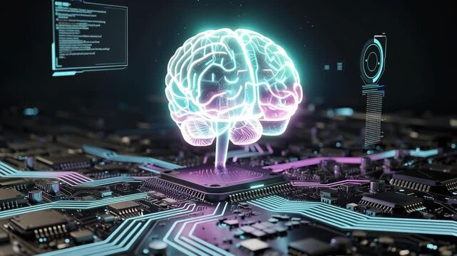 Futuristic digital brain hologram glowing above circuit board technology concept