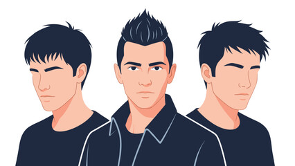 Obraz premium Collection of three male portraits showing different stylish hair variations on the same character against a white backdrop.